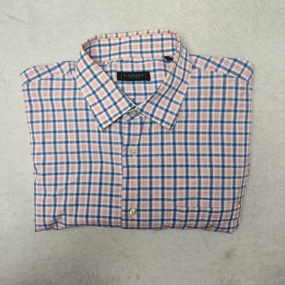 Canali Shirt Mens 2XL Pink Check Button Up Long Sleeve Cotton Casual Sportswear